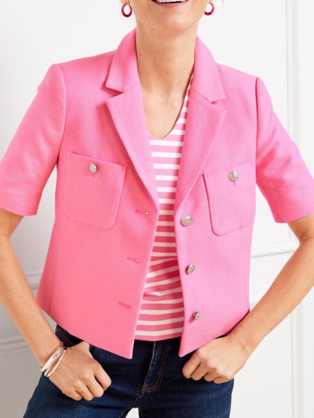 Talbots Pink Short-Sleeve Textured Blazer with Pocket Flaps